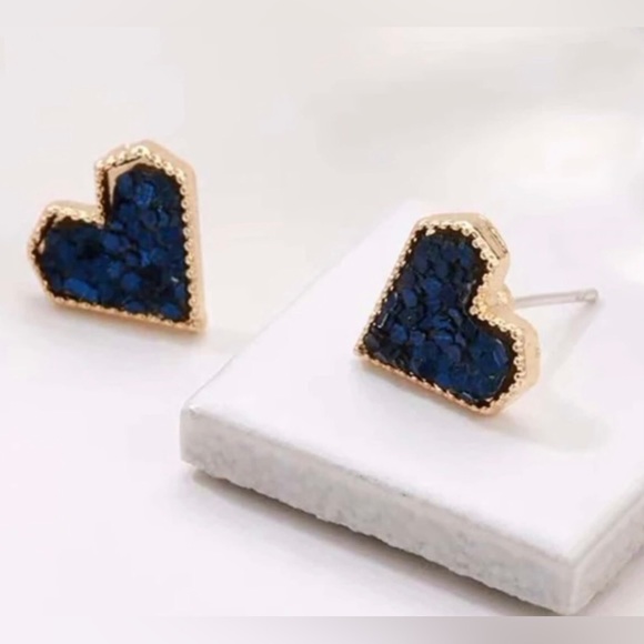 “Blue Sequin Heart” Dainty Tiny Mini Gold Love Valentines Sparkly Romance Studs - Picture 4 of 11